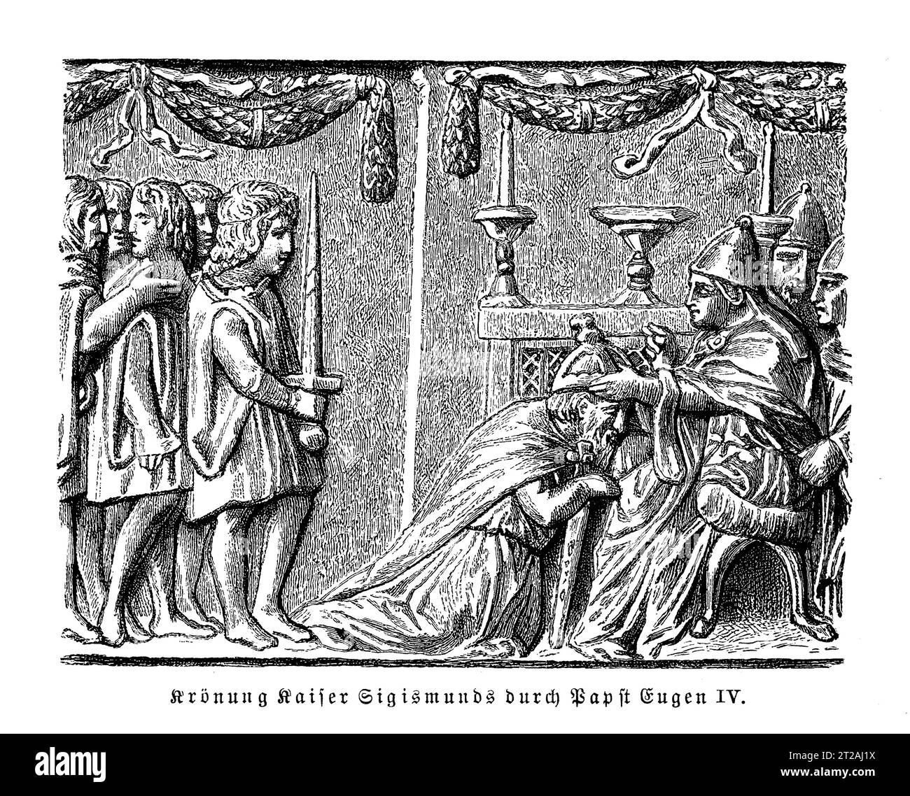 Couronnement de Sigismond roi de Hongrie et d'Allemagne comme empereur romain germanique à Rome par le pape Eugène IV en l'an 1433 Banque D'Images