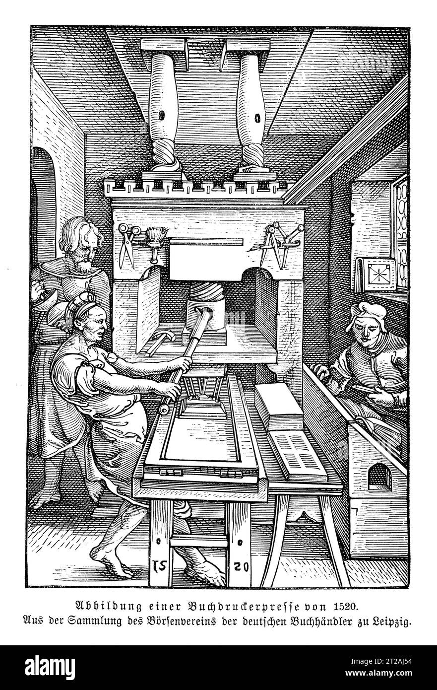 XVI siècle - atelier de livres imprimés avec presse en bois, année 1520, Leipzig Banque D'Images