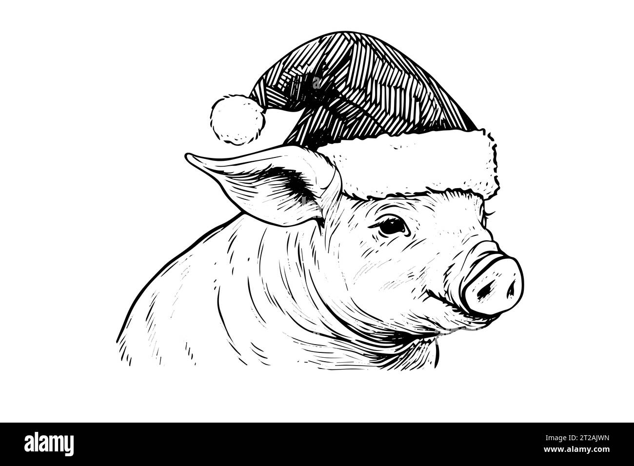 Cochon de Noël dans le chapeau de père noël dessin à l'encre à la main. Illustration vectorielle de style gravé. Illustration de Vecteur