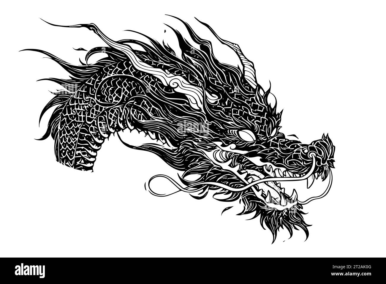 Croquis à l'encre à tête de dragon noire dessinée à la main. Illustration vectorielle de style gravé. Illustration de Vecteur