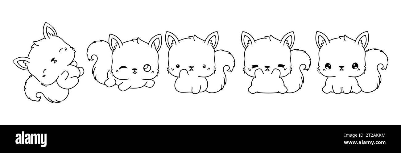 Ensemble de Vector Cartoon Squirrel Coloriage page. Collection de Kawaii Isolated Forest Animal Outline Illustration de Vecteur