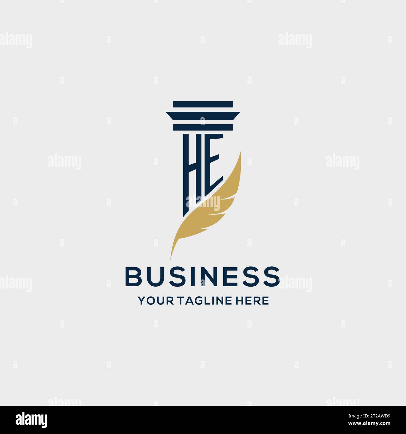Logo initial de monogramme HE avec pilier et conception de plume, inspiration de logo de cabinet d'avocats Illustration de Vecteur