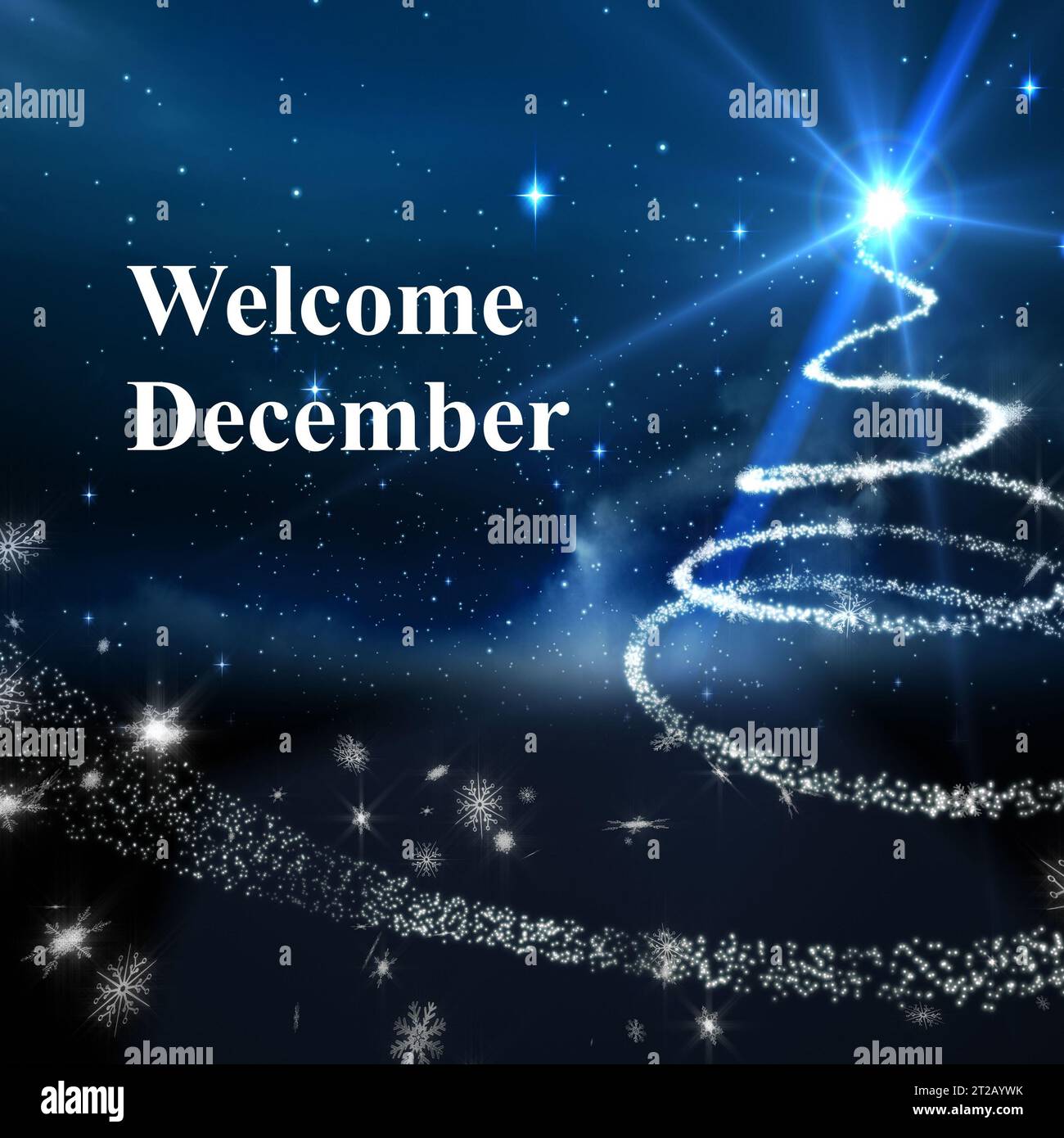 Texte de bienvenue de décembre au-dessus du ciel nocturne avec la forme d'un arbre de noël en forme d'étoile filante Banque D'Images