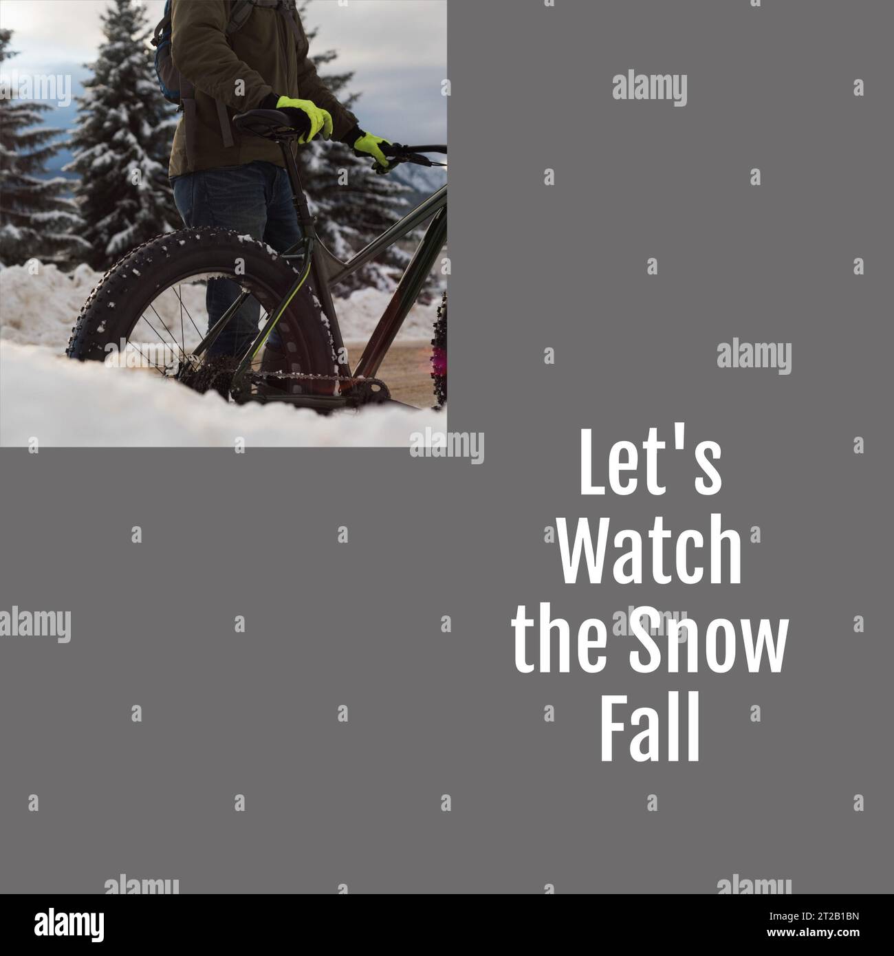 Composite de bundle vers le haut texte sur l'homme avec le vélo dans le paysage d'hiver Banque D'Images