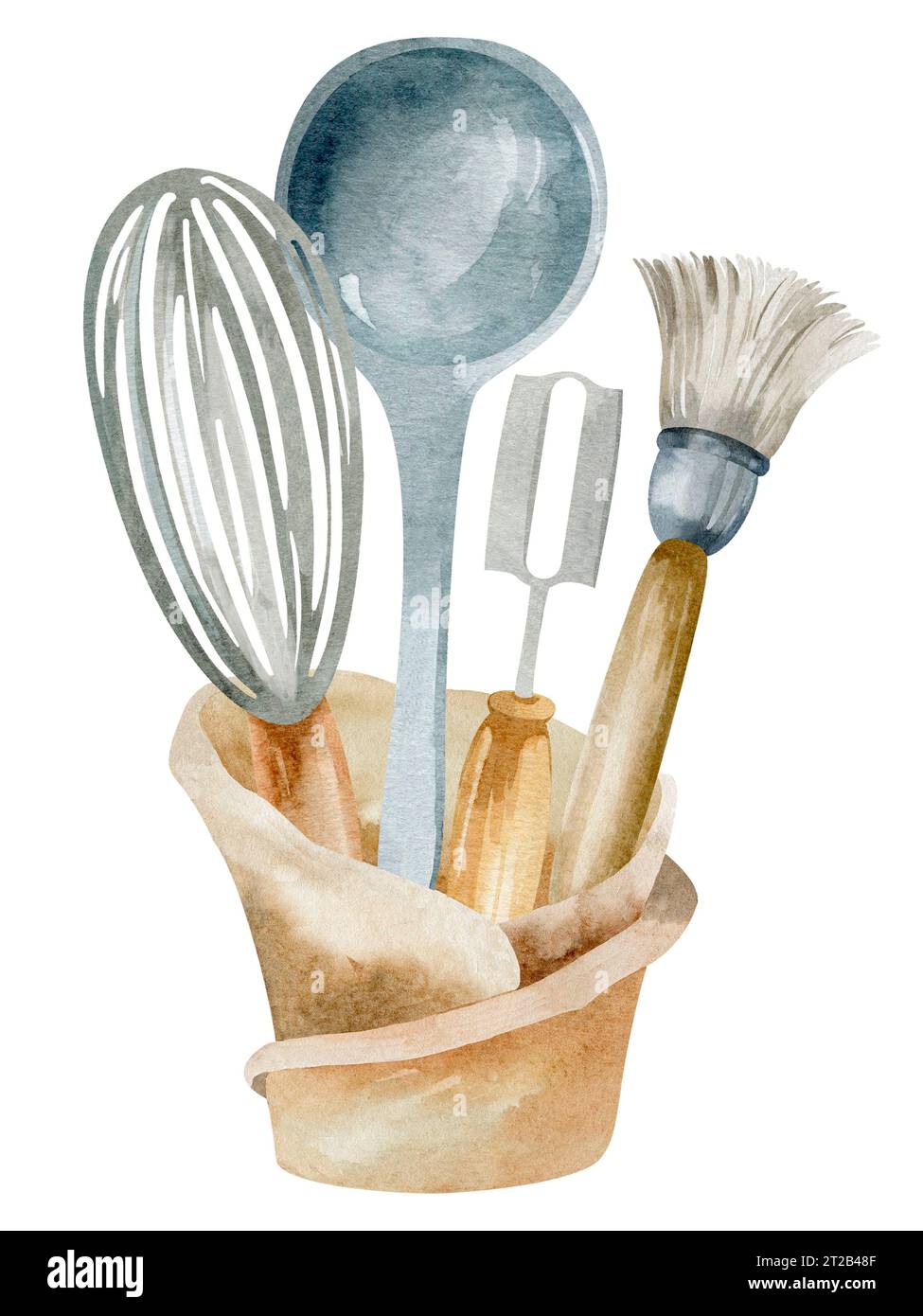 Outil de cuisine sur fond isolé. Ensemble d'ustensiles à l'aquarelle de créateur. l'illustration de l'outil de maison est dessinée à la main. Esquisse rustique d'ustensiles de maison. Banque D'Images