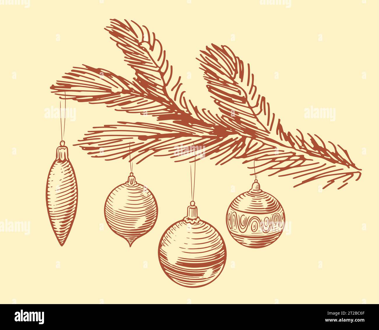 Boules de Noël accrochées à une branche de sapin. Décorations de vacances esquisse illustration vectorielle vintage Illustration de Vecteur