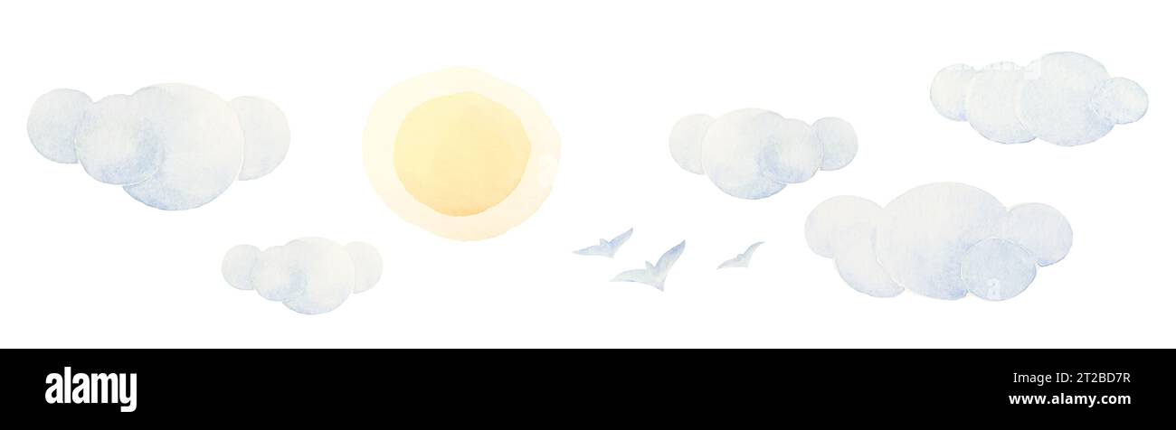 Clipart de nuages de ciel bleu, jeu d'aquarelle, illustrations de ciel de soleil, clip Art de ciel d'aquarelle, illustrations de ciel d'été, jeu de nuages de bleu clair Banque D'Images