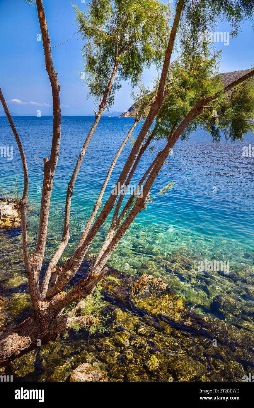 Village de maisons colorées sur l'île de Symi, îles du Dodécanèse, Grèce. Banque D'Images