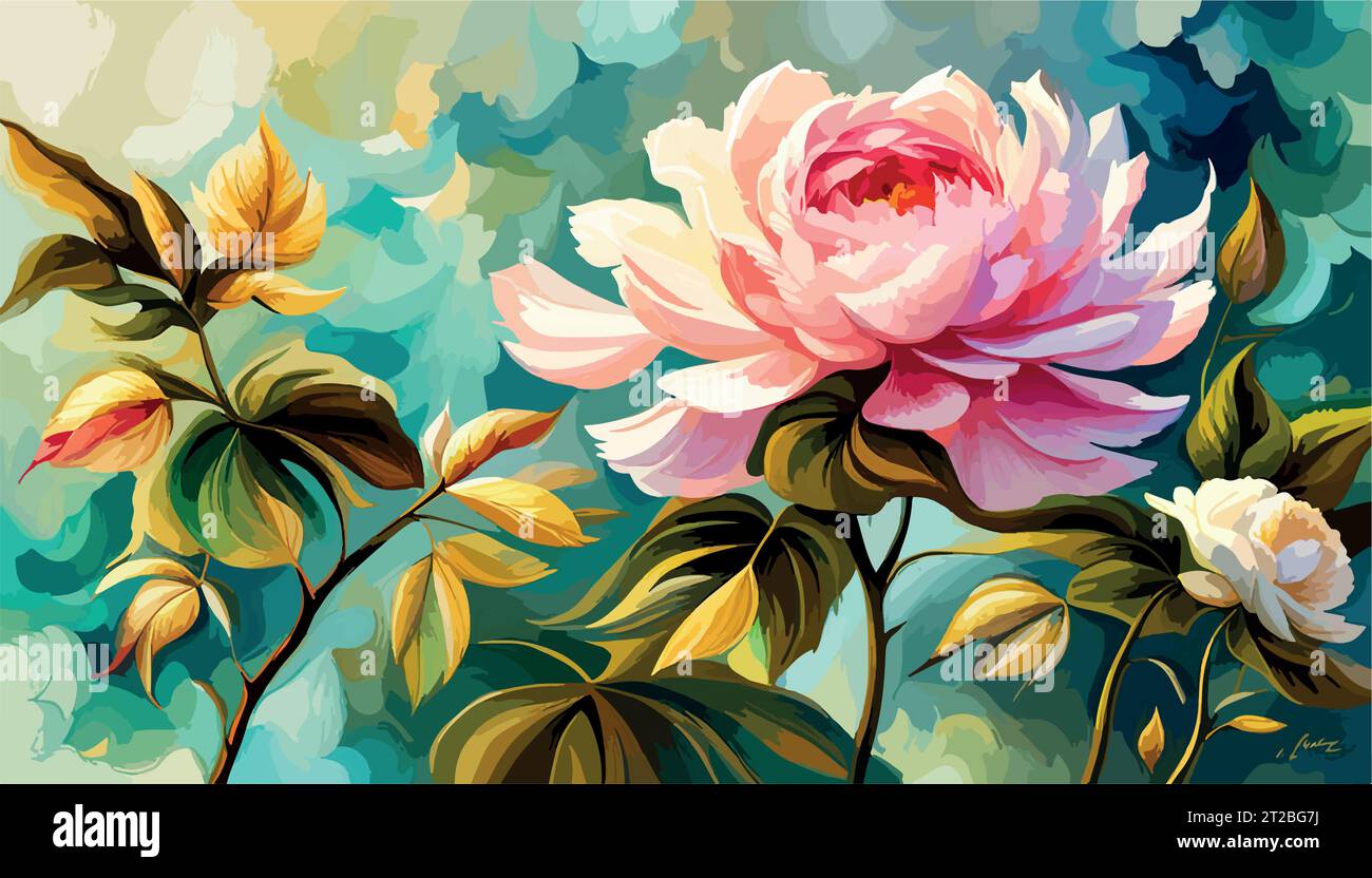 Peinture à l'huile rose grandes fleurs de pivoines, art mural imprimable, fond floral ou papier peint. Illustration vectorielle Illustration de Vecteur