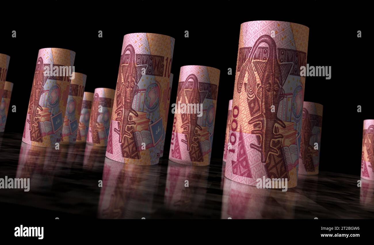 West African CFA Money Franc Niger Mali Sénégal Afrique pack 3d illustration. 1000 paquets de billets de banque XOF. Concept de finance, économie, affaires, b Banque D'Images