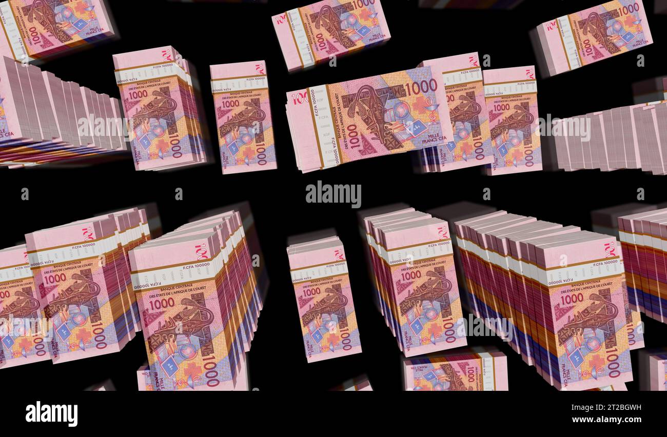 West African CFA Money Franc Niger Mali Sénégal Afrique pack 3d illustration. 1000 paquets de billets de banque XOF. Concept de finance, économie, affaires, b Banque D'Images