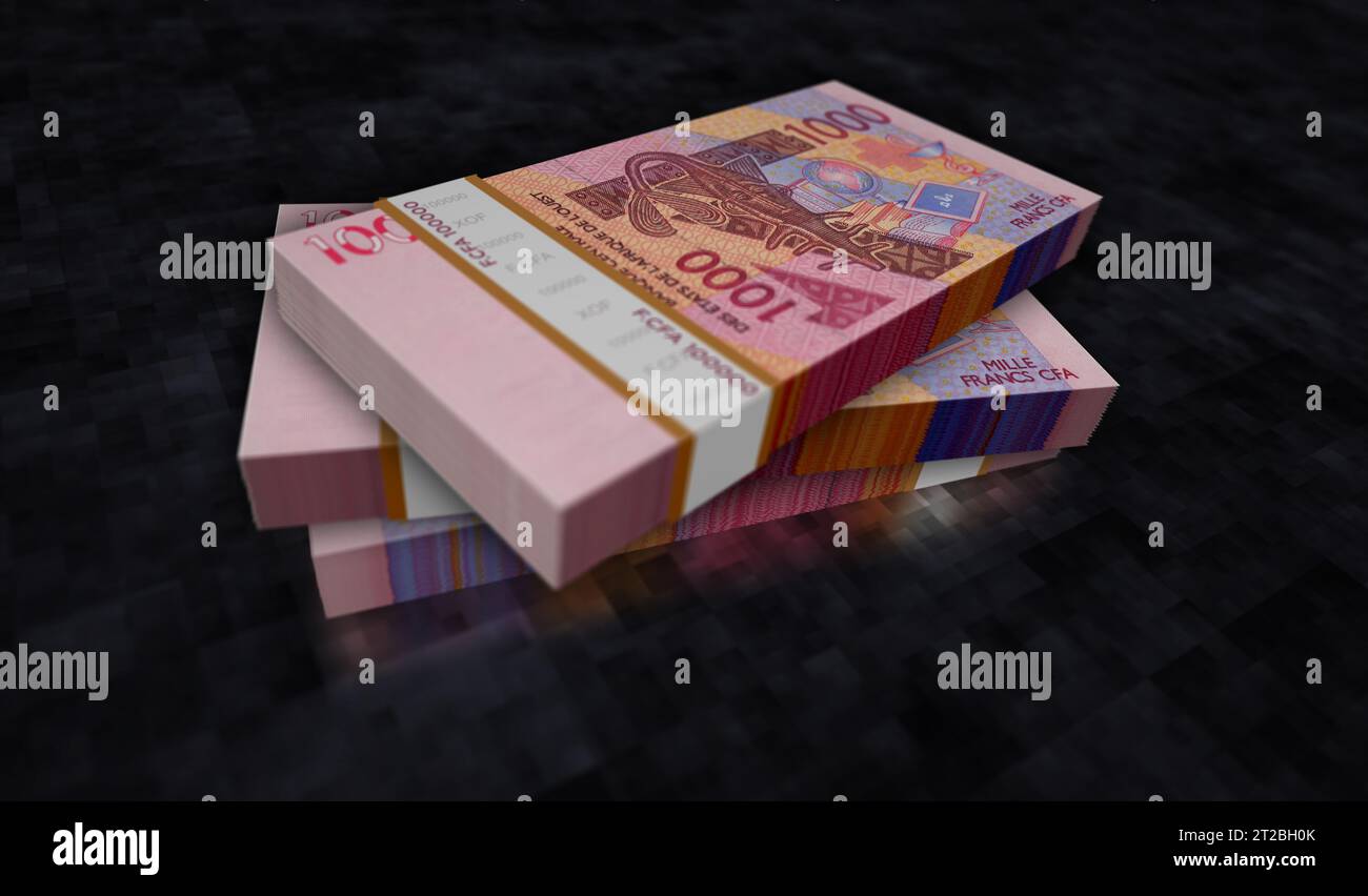 West African CFA Money Franc Niger Mali Sénégal Afrique pack 3d illustration. 1000 paquets de billets de banque XOF. Concept de finance, économie, affaires, b Banque D'Images
