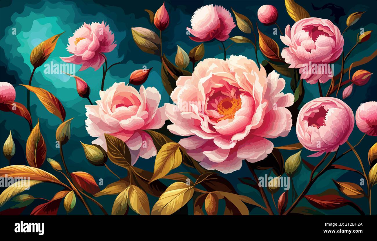 Bouquet de fleurs colorées vives. Peinture à l'huile pivoines rose clair gros plan. Illustration vectorielle sur fond de couleur Illustration de Vecteur