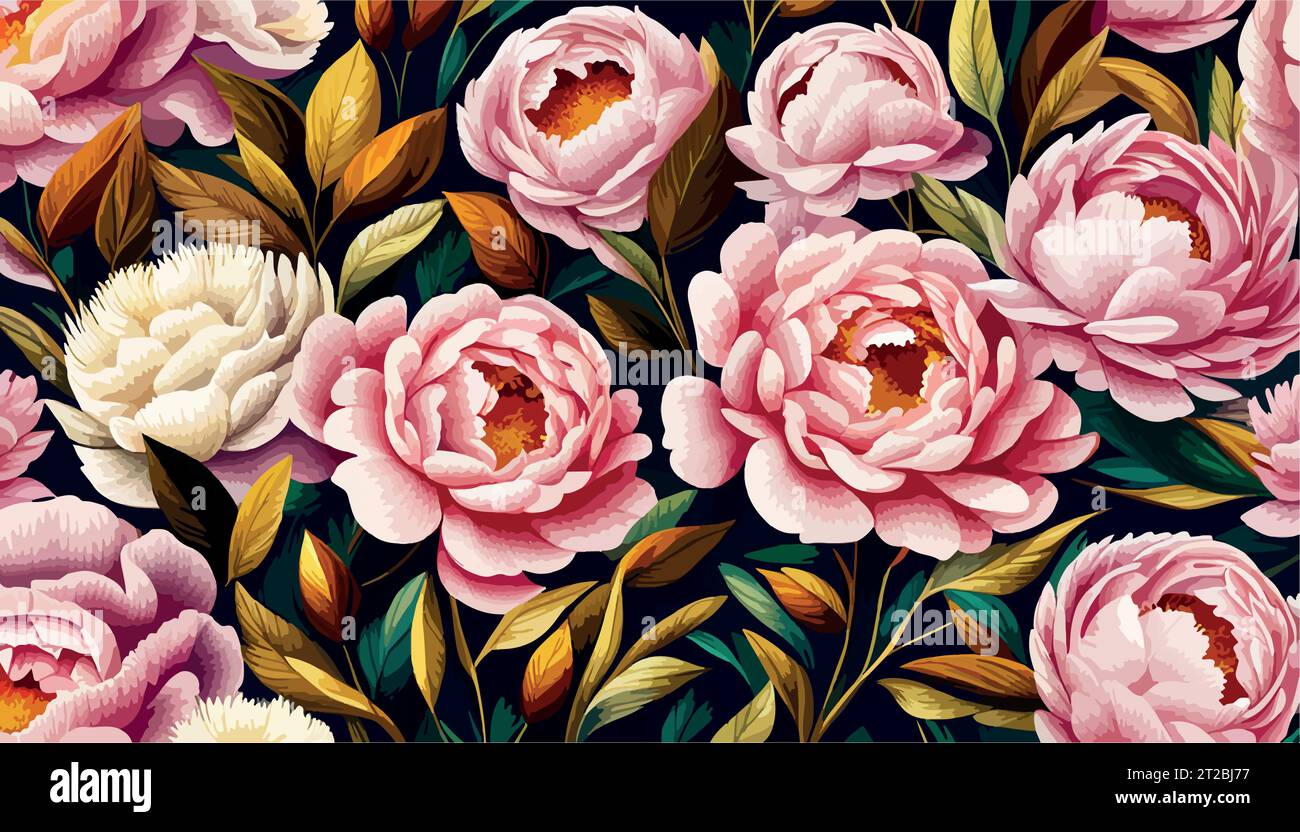 Peinture à l'huile roses pivoines fleurs dans un beau bouquet, art numérique, illustration imprimable, fond floral ou illustration vectorielle de papier peint Illustration de Vecteur