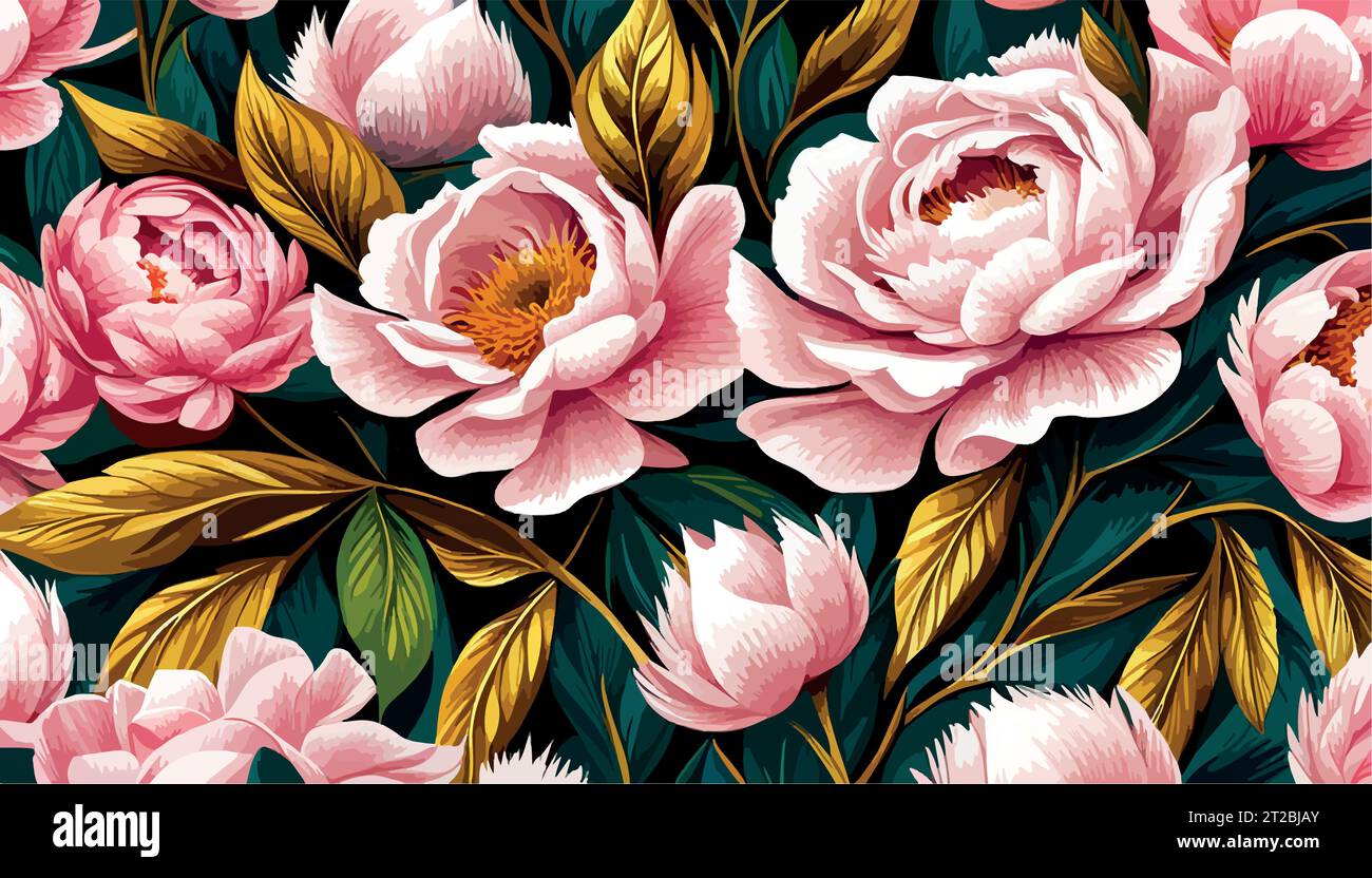 Peinture avec rose de fleur, pivoines, feuilles d'aquarelle. Wallpapper fond d'impression botanique sur toile triptyque floral en intérieur, art mural Illustration vectorielle Illustration de Vecteur