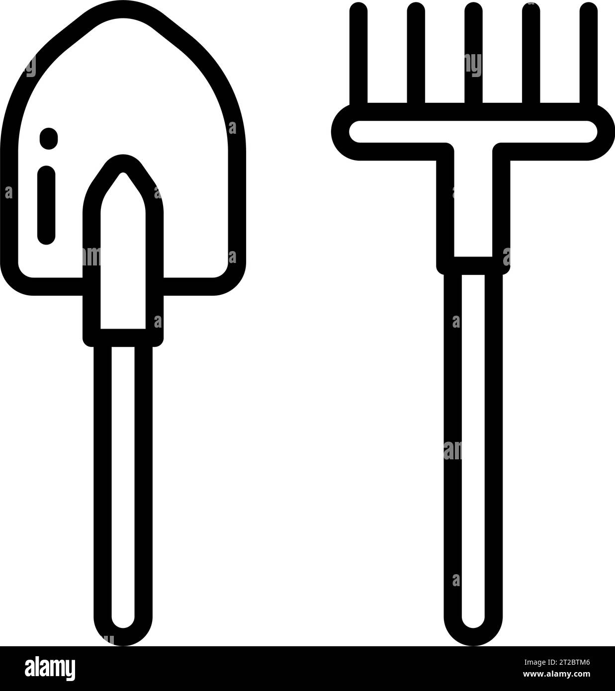 Un ensemble d'outils de jardinage. Icônes de contour des outils de ferme. Élément de râteaux et icône de pelle pour concept mobile et applications Web. L'icône de ligne fine peut être utilisée pour W. Illustration de Vecteur