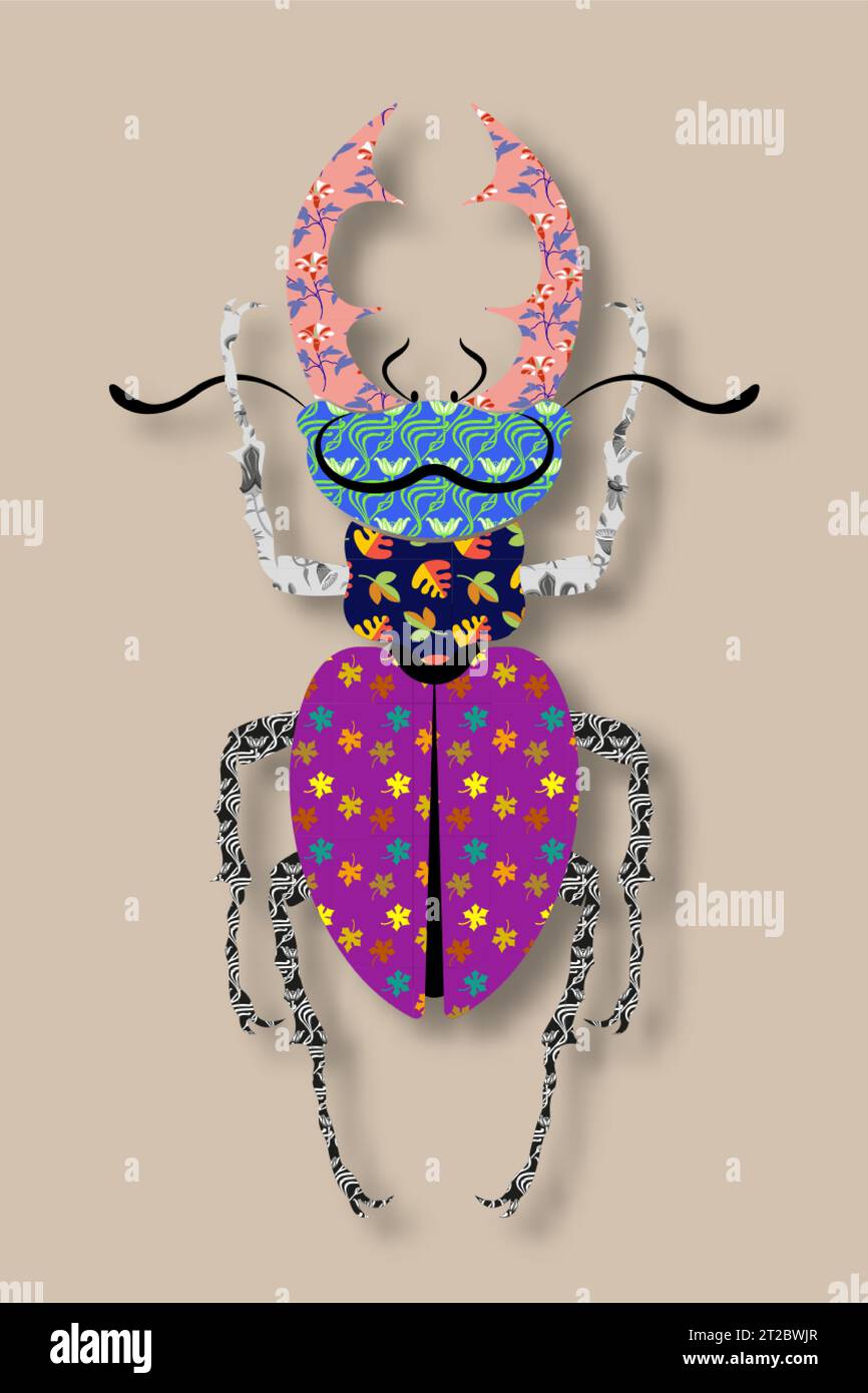 Silhouette colorée d'un coléoptère scarabée avec des cornes dans un style patchwork. Création de mode d'un Lucanus cervus, insecte vecteur isolé sur un millésime Illustration de Vecteur