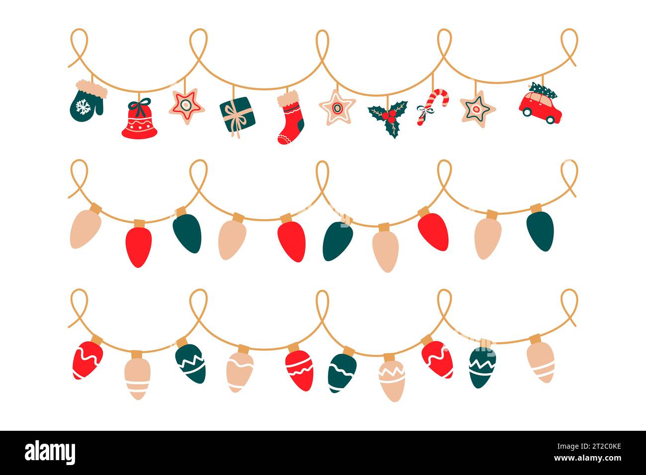 Jeu de lumières de Noël. Guirlandes avec ampoules colorées. Noël décoration de corde festive avec jouets suspendus - GUI, cloche, voiture, gant, chaussette, boîte cadeau Illustration de Vecteur