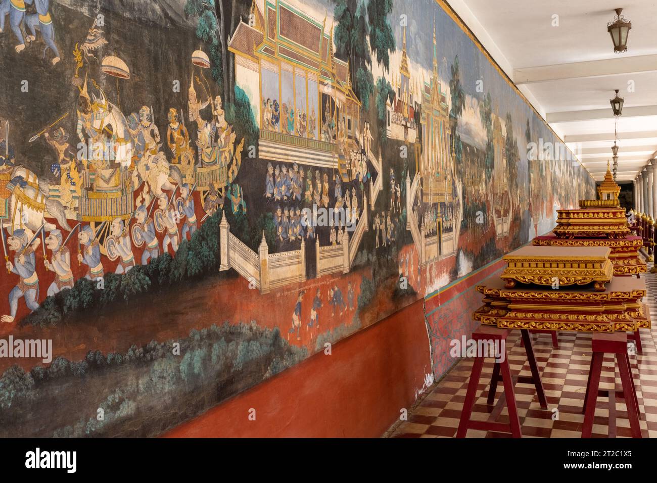 Peintures murales au Palais Royal, Phnom Penh, Cambodge Banque D'Images