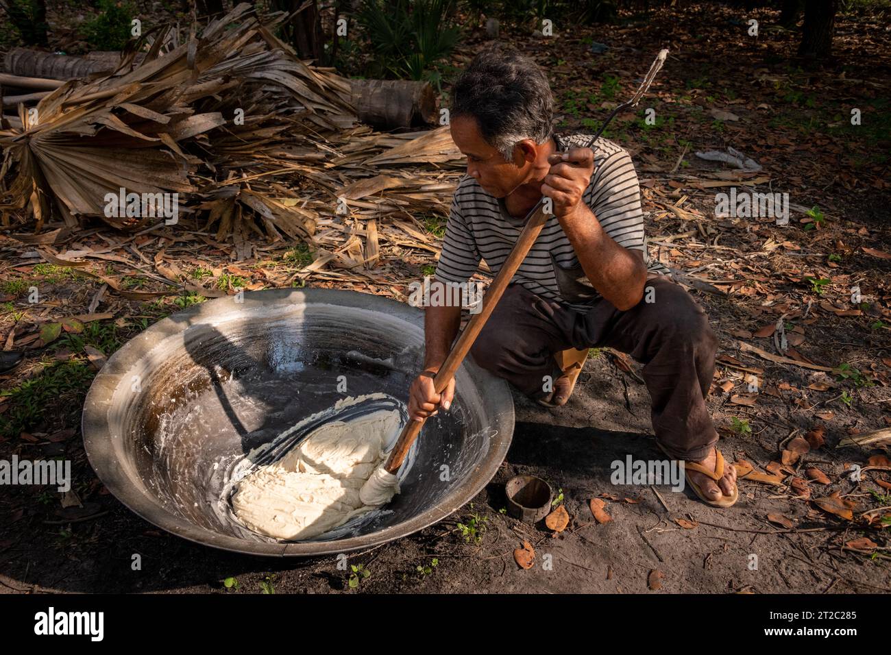 Homme fabriquant du sucre de palme, Cambodge Banque D'Images