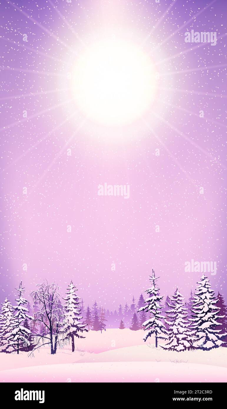 Scène hivernale avec neige tombante. Arbres enneigés sur le fond de la forêt. Des dérives de neige étincelantes dans les sapins froids et gelés. Noël s Illustration de Vecteur