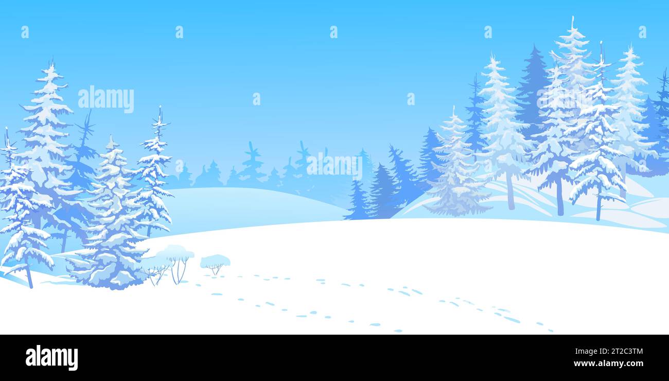 Scène hivernale avec neige tombante. Arbres enneigés sur le fond de la forêt. Des dérives de neige étincelantes dans les sapins froids et gelés. Noël s Illustration de Vecteur