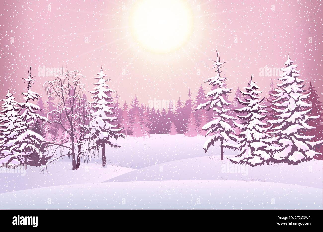 Scène hivernale avec neige tombante. Arbres enneigés sur le fond de la forêt. Des dérives de neige étincelantes dans les sapins froids et gelés. Noël s Illustration de Vecteur