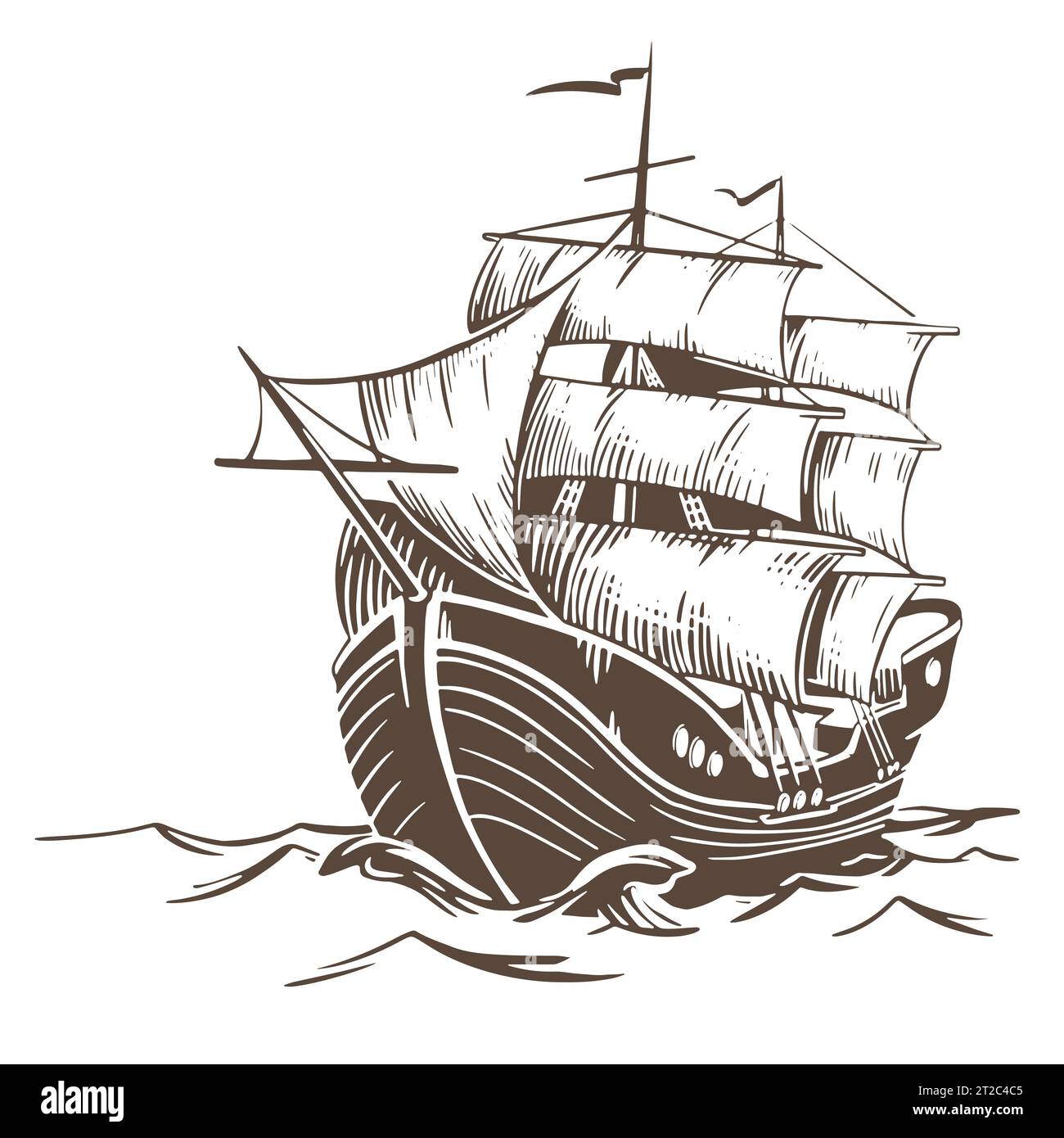 Croquis du navire. Un voilier navigue sur les vagues avec des voiles surélevées. Illustration vectorielle dans le style de gravure isolé sur fond blanc. Navire nautique pour Illustration de Vecteur