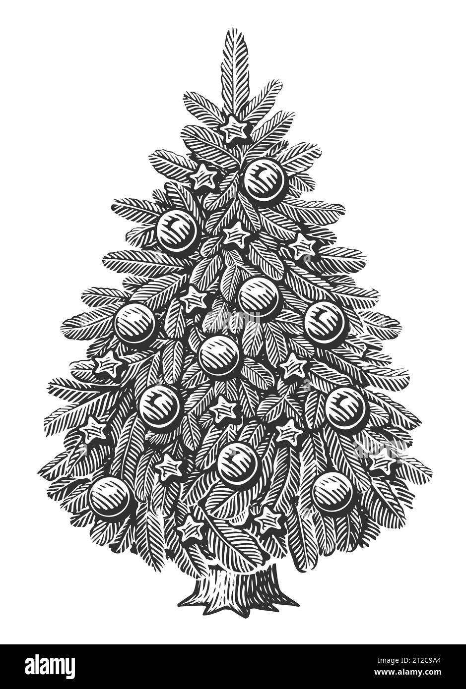 Sapin dessiné à la main décoré avec des lumières et des boules. Joyeux Noël et bonne illustration du nouvel an Banque D'Images