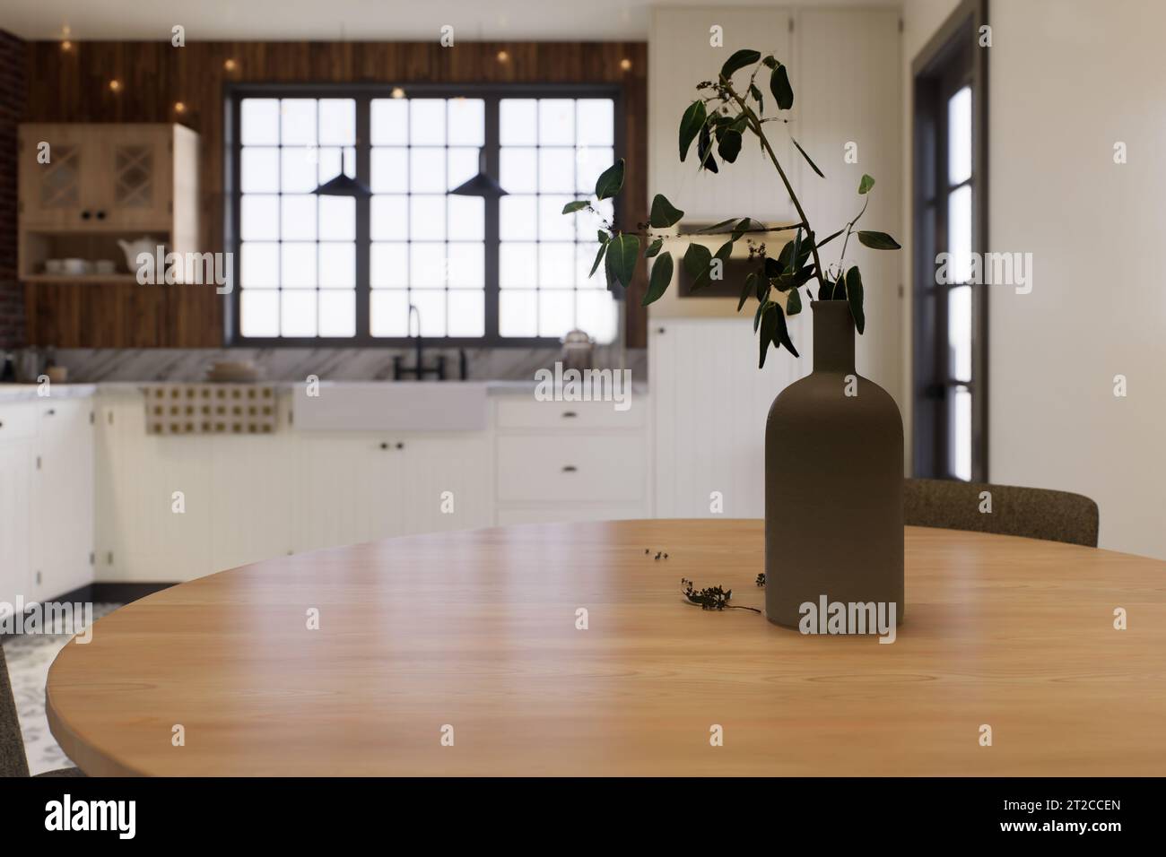 Cuisine avec un accent sur la surface de la table de cuisine avec un fond flou - un endroit pour placer les produits. Banque D'Images