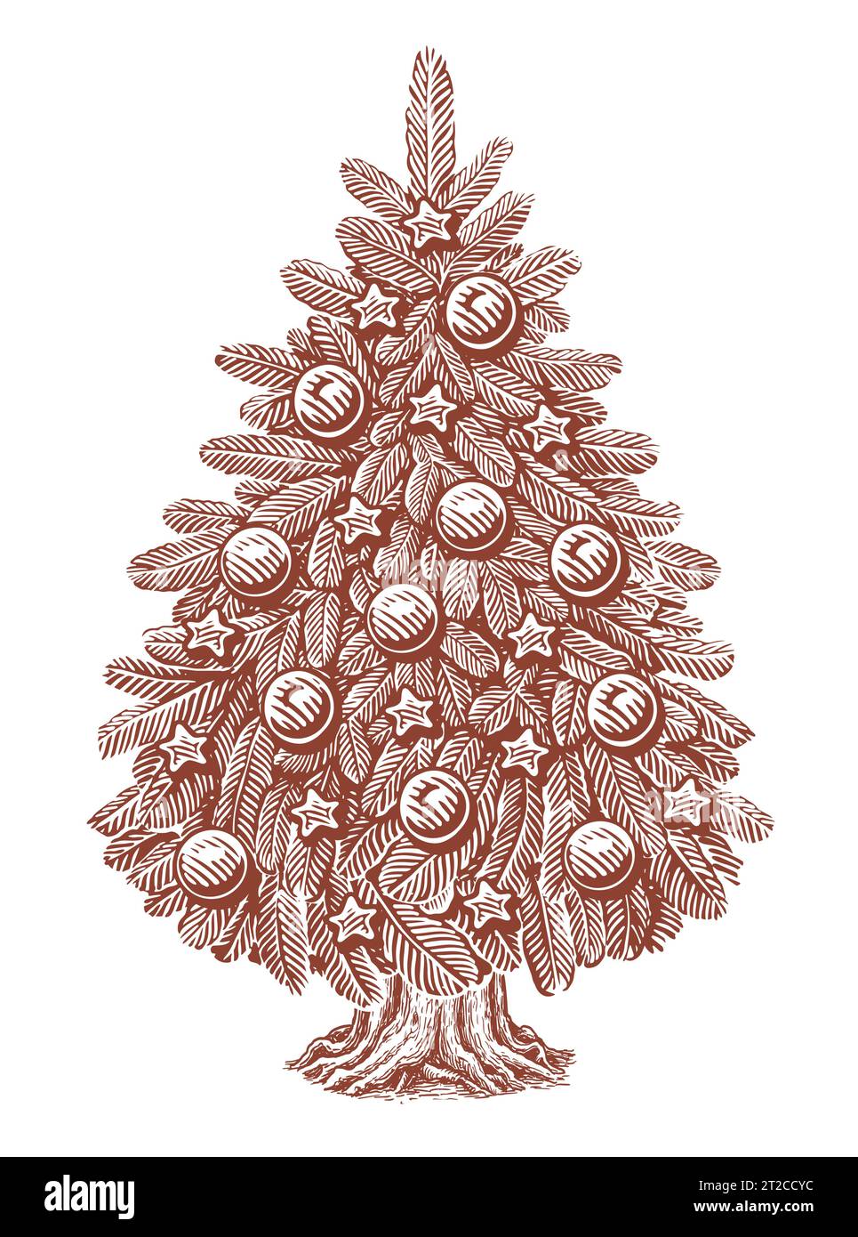 Symbole des fêtes de Noël. Sapin dessiné à la main décoré avec des lumières et des boules. Esquissez une illustration vectorielle vintage Illustration de Vecteur