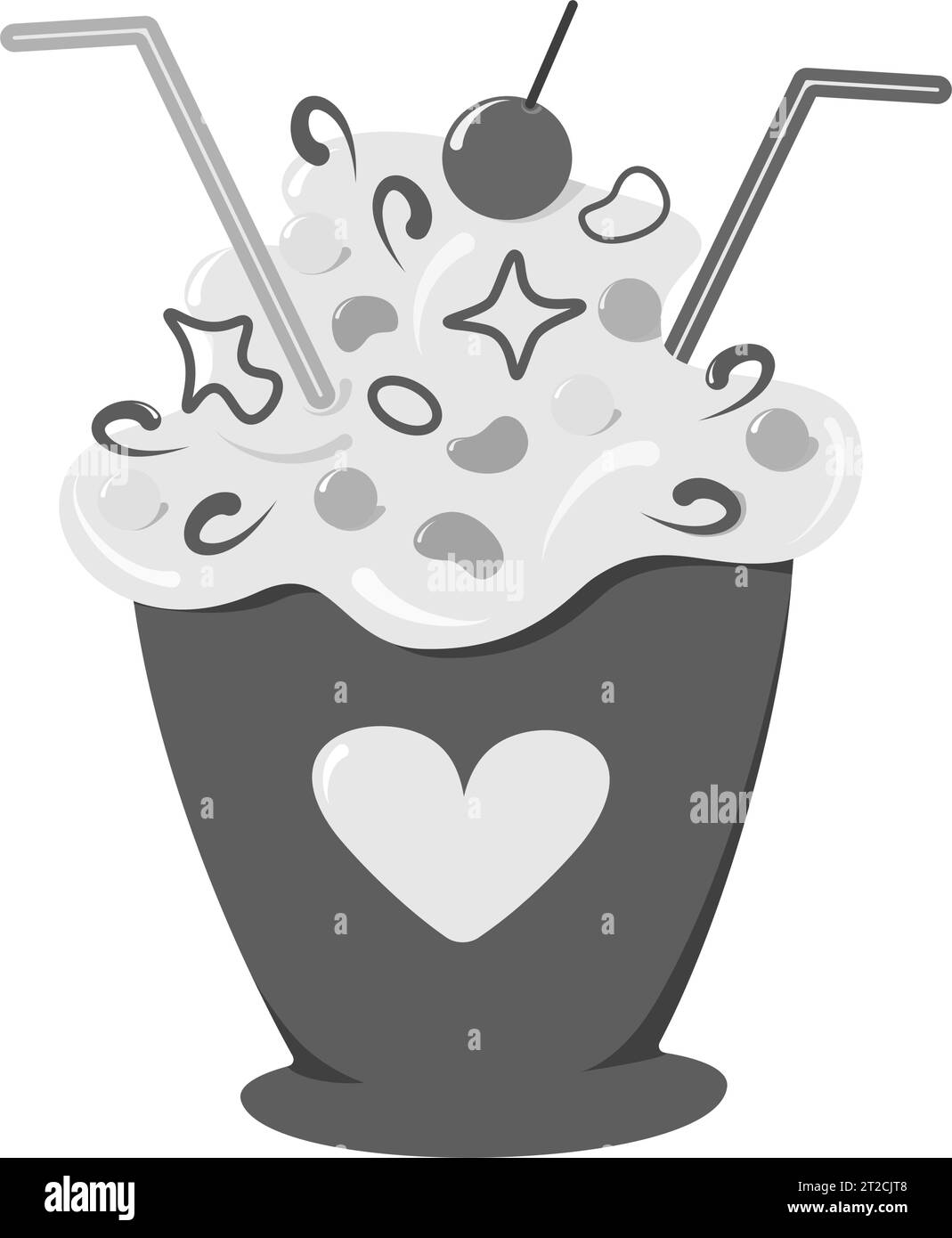 Dessert dans une tasse avec une paille de cocktail et des décorations en niveaux de gris. Bonne journée internationale des desserts. Vecteur pour affiche, bannière, brochure, panneau d'affichage, cartes de voeux ou d'invitation, prix, étiquette ou web Illustration de Vecteur