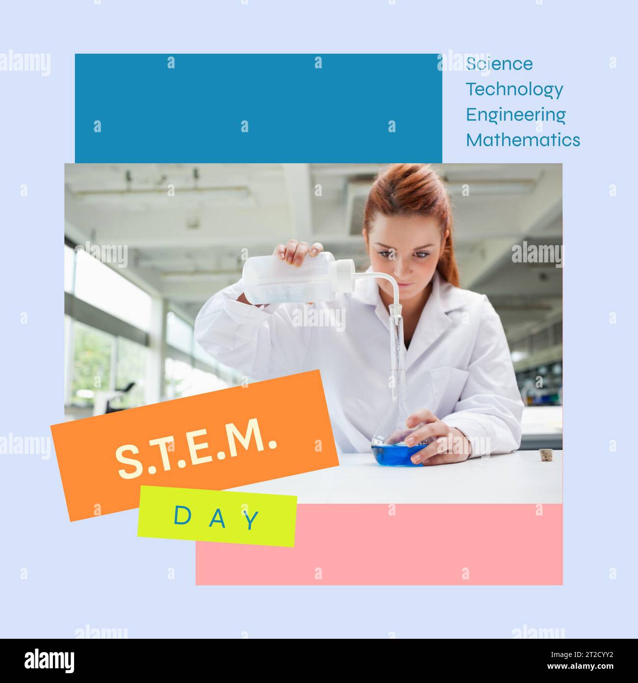 Composite du texte du jour de la tige sur une scientifique caucasienne versant du produit chimique dans un flacon au laboratoire Banque D'Images