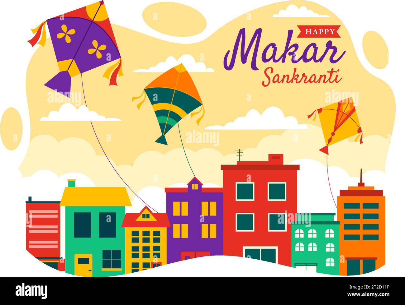 Makar Sankranti Illustration vectorielle. Traduction le Festival des moissons. Fête indienne avec volants cerfs-volants colorés et bobines de cordes en fond plat Illustration de Vecteur