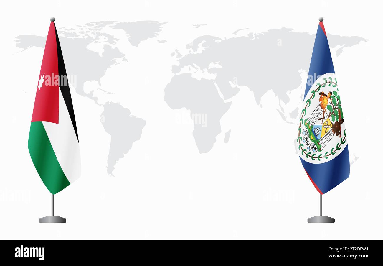Drapeaux de Jordanie et Belize pour la réunion officielle sur fond de carte du monde. Illustration de Vecteur