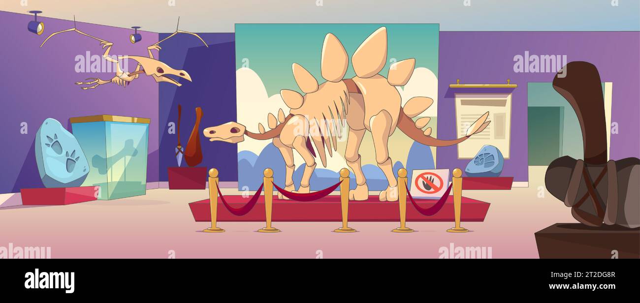 Intérieur de la salle du musée archéologique historique - exposition de dessins animés des temps préhistoriques avec des squelettes de dinosaures, des empreintes de pas d'animaux anciens et des ammonites dans les roches, des outils en pierre des hommes des cavernes. Illustration de Vecteur