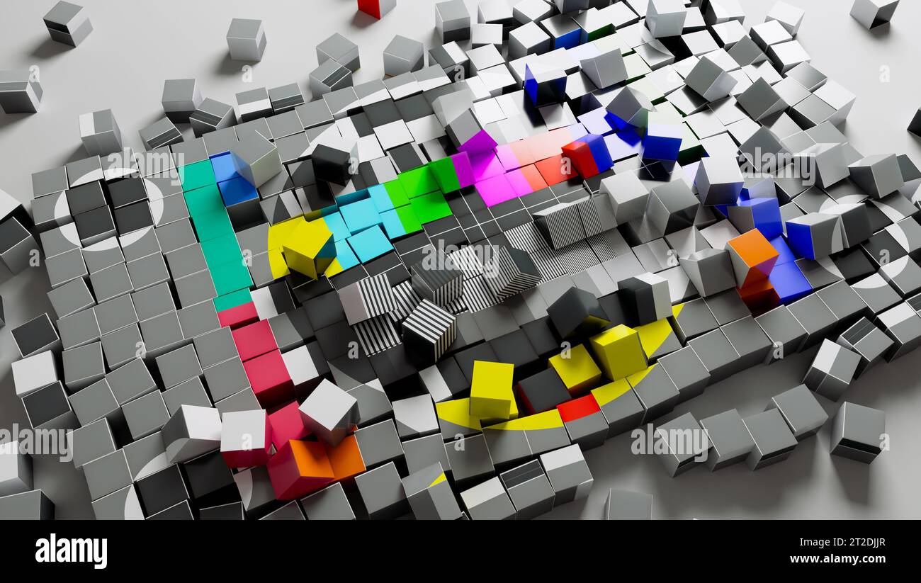Un concept de rupture dans le signal de transmission TV barres de couleur écran de carte de test fragmenté en une pile de pixels comme des carrés sur une surface lumineuse - 3D rend Banque D'Images