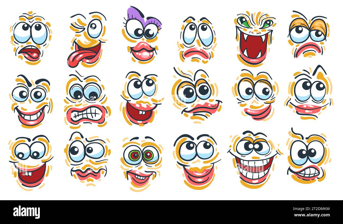 Colored Cartoon Doodle faces Emotion Collection isolé sur illustration vectorielle blanche Illustration de Vecteur