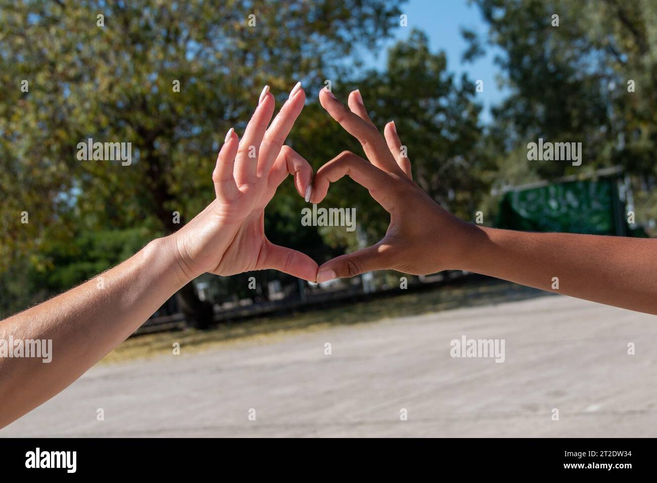 Mains de différentes ethnies, africaines et européennes, formant un cœur avec leurs doigts. Concept d'amour, d'amitié, d'égalité Banque D'Images