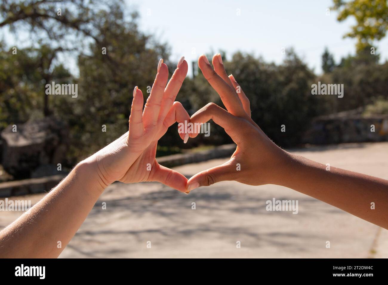 Mains de différentes ethnies, africaines et européennes, formant un cœur avec leurs doigts. Concept d'amour, d'amitié, d'égalité Banque D'Images