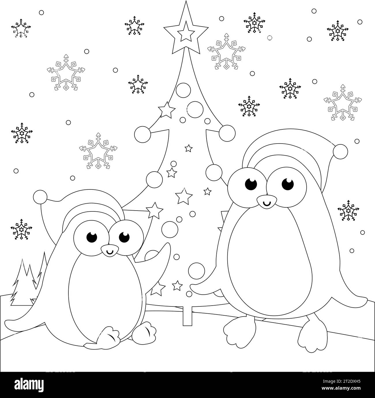 Paysage d'hiver de Noël avec pingouins et arbre de Noël. Page de coloriage en noir et blanc vectoriel. Illustration de Vecteur