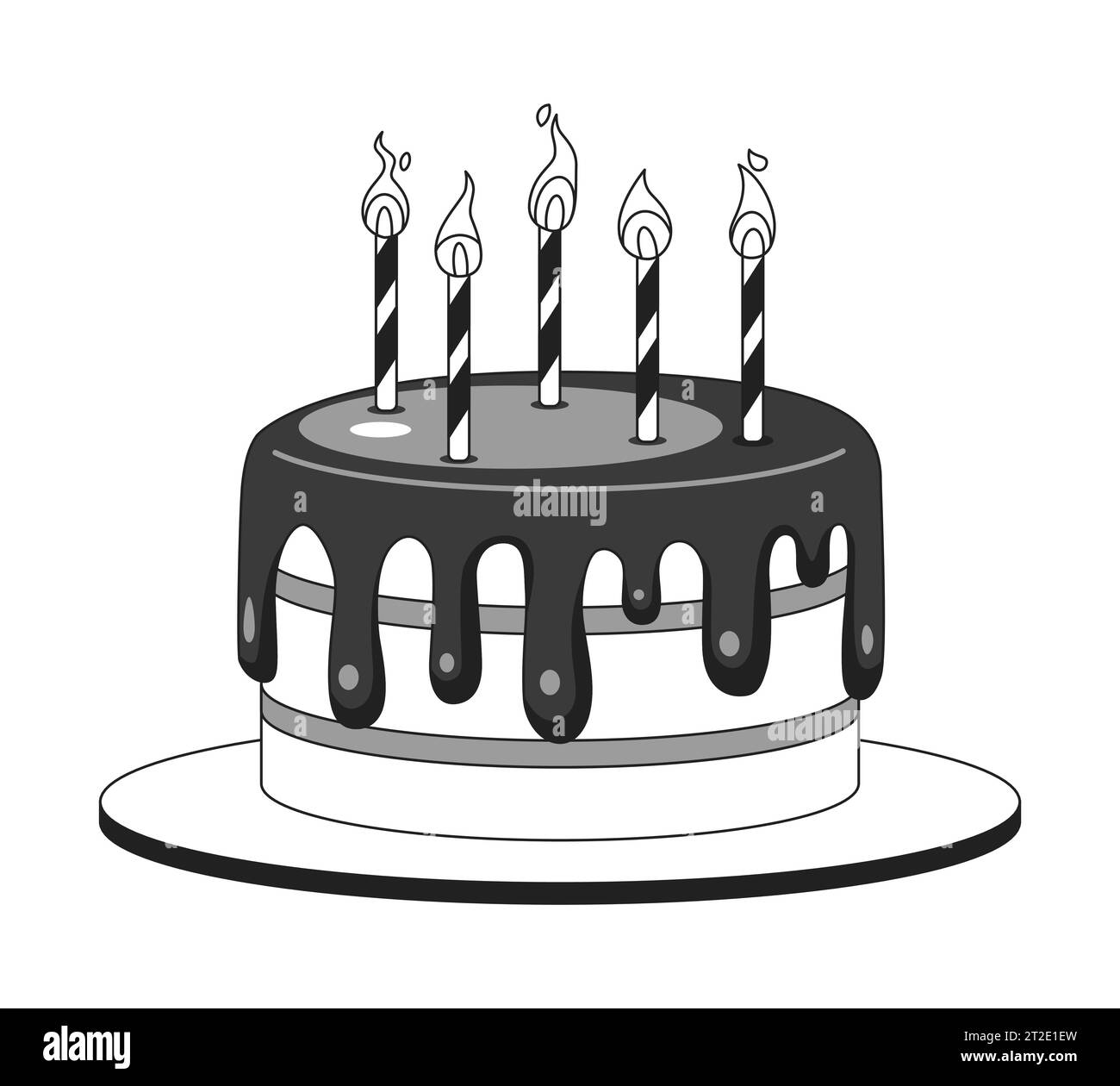 Gâteau d'anniversaire illuminé bougies noir et blanc objet de dessin animé 2D. Illustration de Vecteur