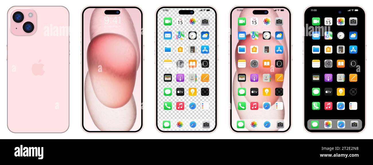 Nouvel iPhone 15 rose. Apple inc. Smartphone avec ios 15. Écran verrouillé, page de navigation du téléphone, page d'accueil avec 47 applications populaires. Fond noir. Editori Illustration de Vecteur
