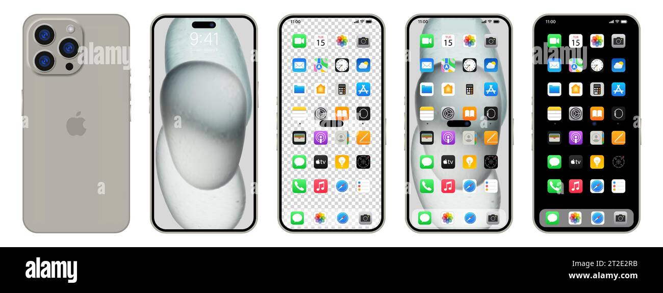 Nouveau iPhone 15 pro noir, gris. Apple inc. Smartphone avec ios 15. Écran verrouillé, page de navigation du téléphone, page d'accueil avec 47 applications populaires. Backgrou noir Illustration de Vecteur