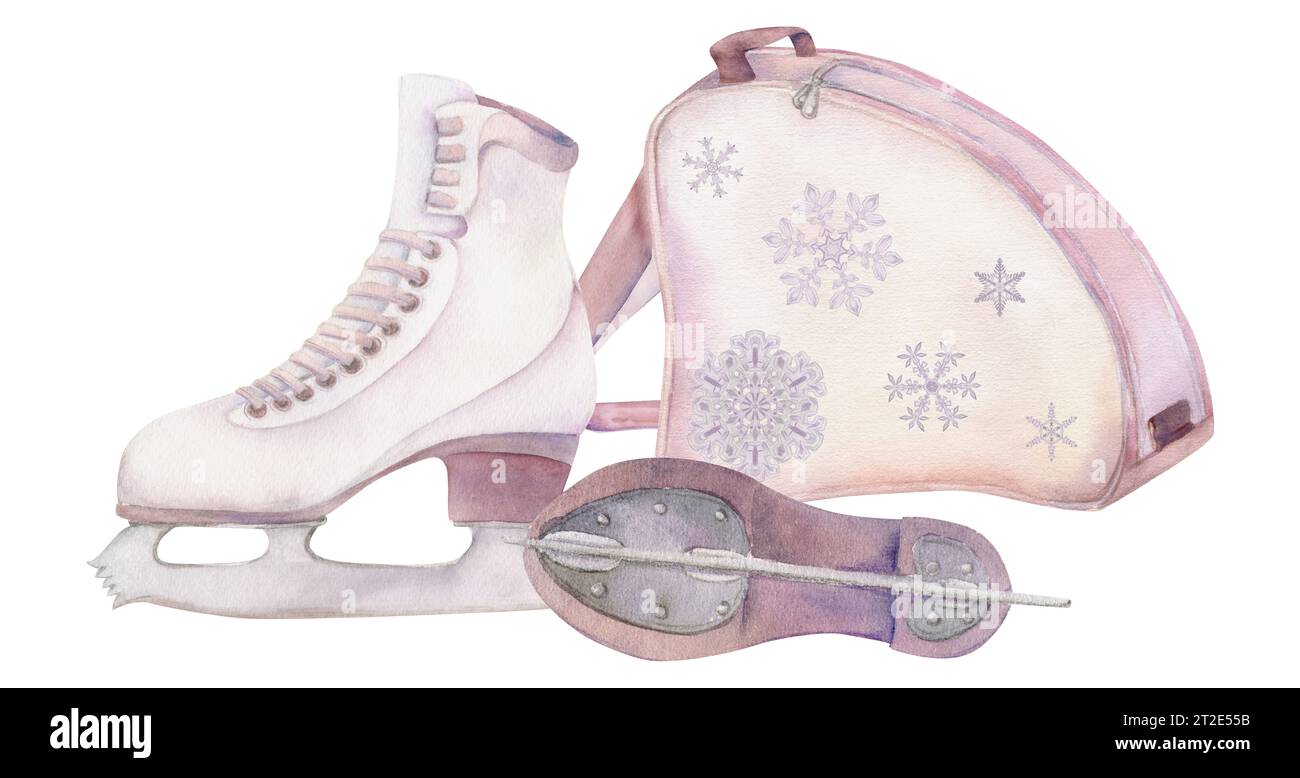 Paire de bottes de patinage artistique à l'aquarelle dessinées à la main et sac, équipement de sports d'hiver. Composition d'illustration isolée sur fond blanc. Affiche de conception Banque D'Images