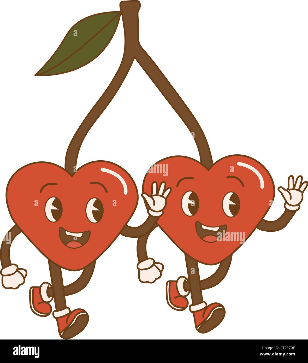 Drôle de couple de cerises en forme de coeurs dans un style rétro. Bonne Saint Valentin. Aimer illustration dans la conception plate. Deux baies heureuses des années 70 en forme de h. Illustration de Vecteur