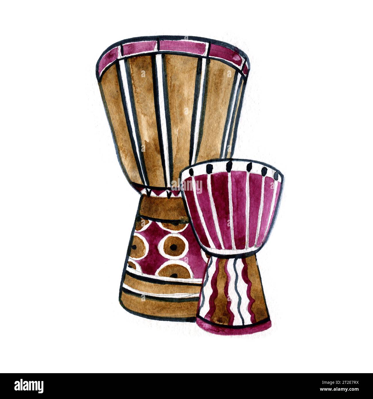 Tambours ethnique dans le style aquarelle. Illustration colorée dessinée à la main Banque D'Images