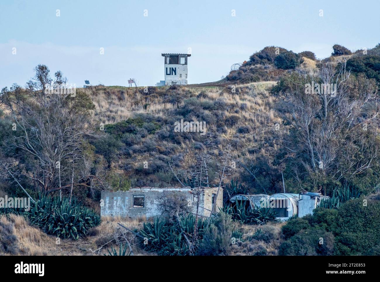 Poste de maintien de la paix des Nations Unies sur la zone tampon de la ligne verte entre Chypre et l'enclave chypriote turque occupée de Kokkina, dans le nord-ouest de Chypre. Banque D'Images