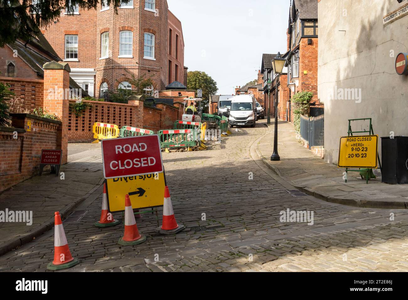 Wordsworth Street Road Closure, Steep Hill, Lincoln City, Lincolnshire, Angleterre, ROYAUME-UNI Banque D'Images