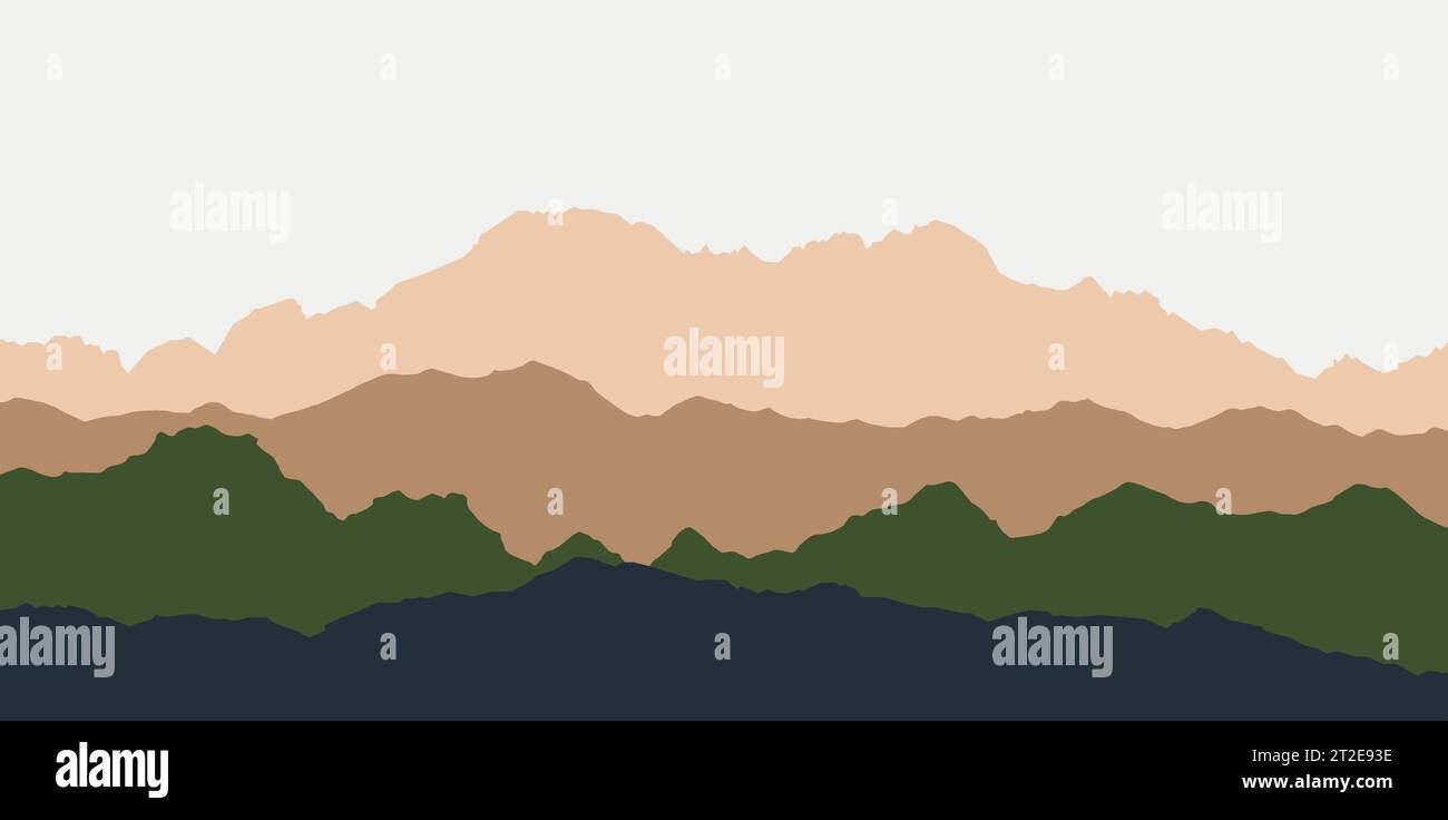 Vue panoramique sur le paysage de montagne avec du brouillard dans la vallée ci-dessous avec l'alpenglow ciel bleu et soleil levant - vector Illustration de Vecteur
